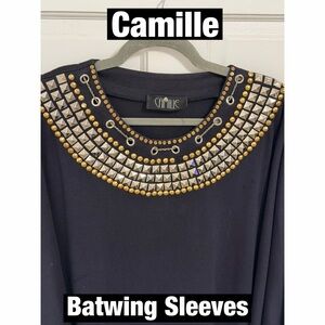 Camille Black Top with Studded Neckline Chains and large Batwing Sleeves